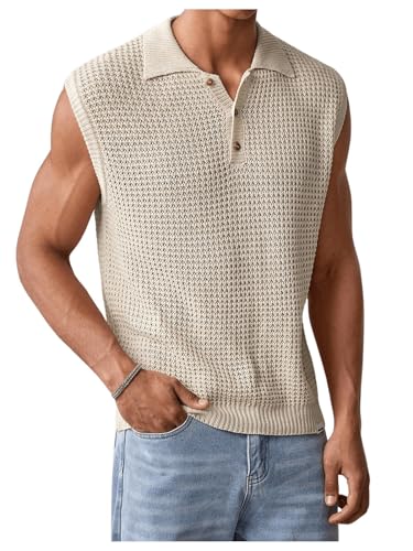 SHENHE Men's Button Front Collared Crochet Sweater Vest Sleeveless Fitted Pullover Sweater