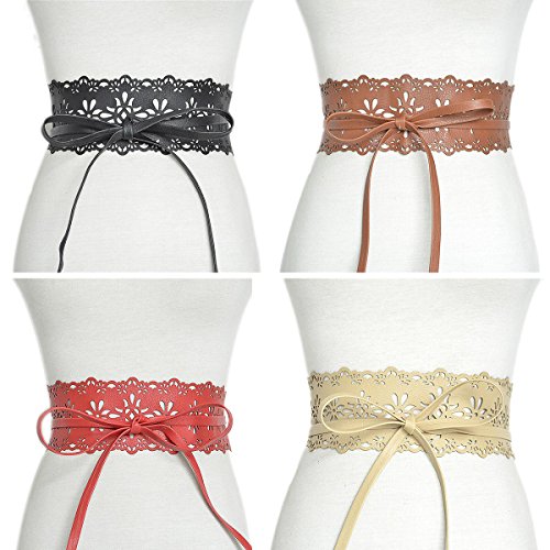 Women's Soft Leather Flower-hollow Waist Belt Bow Tie Wrap Around Boho Corset for Dresses (Green)3