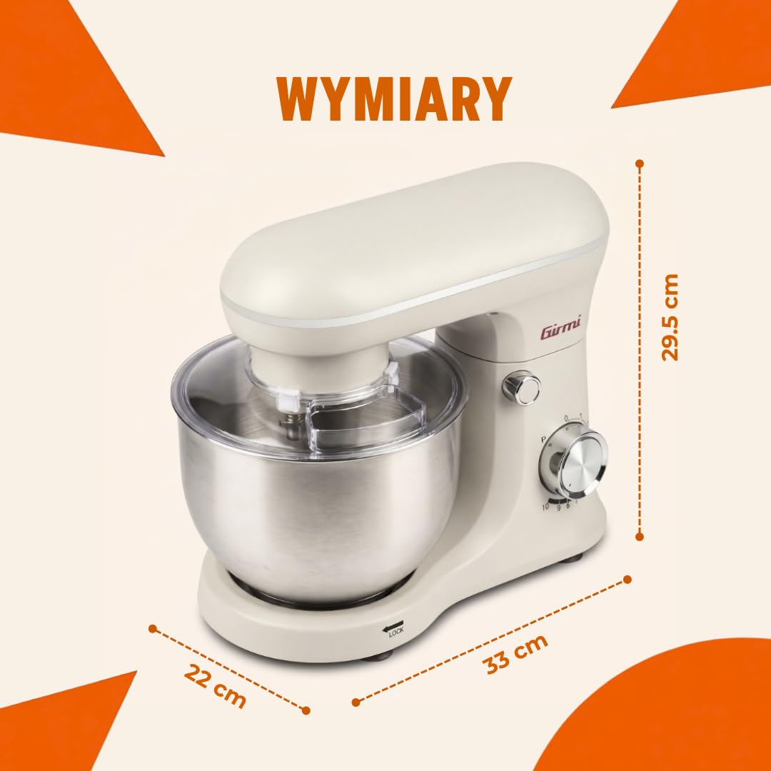 Girmi IM21W Robot planetarny 5 l, 1500 W, 10 prędkości, Gesso | Moc maks. 1500 W, misa ze stali nierdzewnej, 10 prędkości + Pulse i 3 akcesoria do wyrabiania, mieszania i ubijania