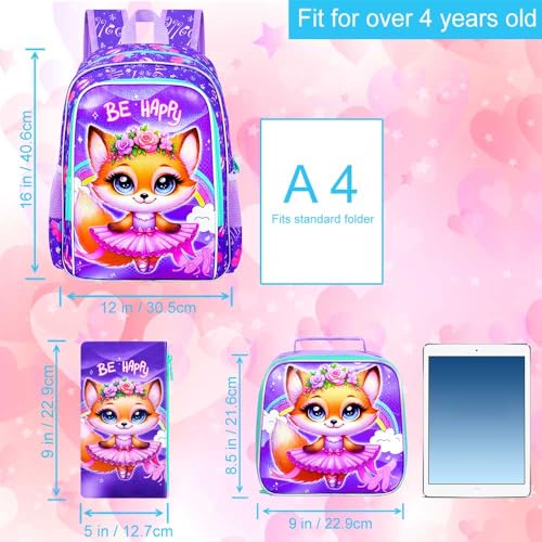 Image of CCJPX 3PCS Kids Backpack for Girls,16 inch Fox Ballet Preschool Backpacks Set, Cute Ballet Water Resistant Kindergarten School Bookbag for Elementary Kids Travel