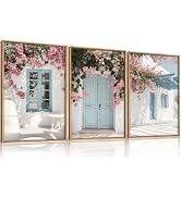 HOURIA Spring Modern Greek Island Cityscape Framed Canvas Wall Art Set,European White House Blue ...