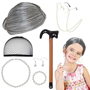 8 stuks oma-kostuum, omapruik, grijs, oma-bril met ketting, parelketting, oorbellen, armband en opblaasbare stok, oude dame kostuumaccessoires, kostuum oude vrouw voor carnaval, Kerstmis, cosplay