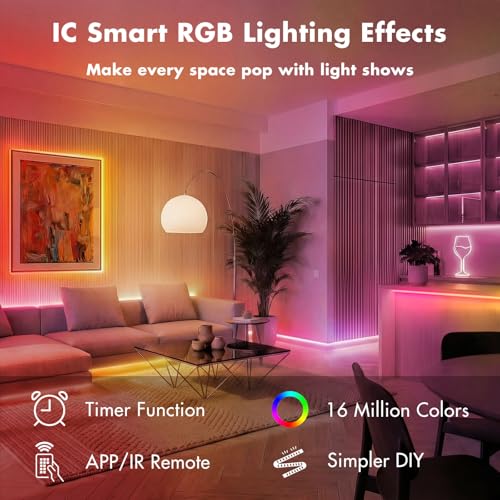Image of LED Lights for Bedroom, 50FT IC RGB LED Strip Lights, Color Changing, Multiple Colors Chasing Effects, APP & Remote Control, Timer Function, Music Sync Lights for Party, Home Decor