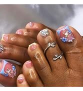Blue French Tip Press on Toenails Short Square Fake Toenails with Butterfly Blue Flower Rhineston...