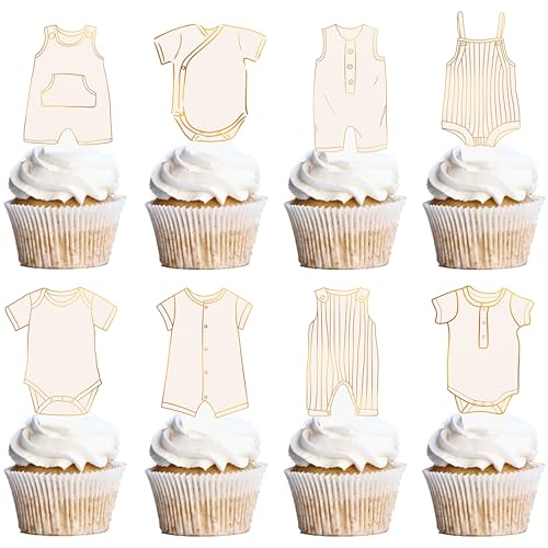 48Pcs Baby Shower Cupcake Toppers, 12 Designs Gender Neutral Baby Clothes Cake Decorations, Baby Shower Decorations for Gender Reveal Party Supplies