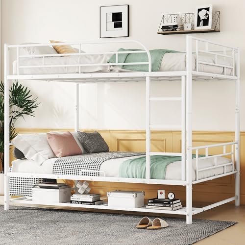 Bellemave Full Over Full Bunk Bed, Metal Bunk Bed with Storage Shelf, Full bunk beds for Adults, Kids, Teens(White)