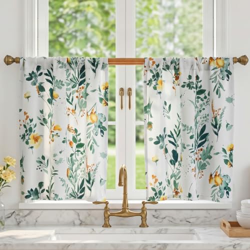 Image of MYSKY HOME Floral Kitchen Tier Cafe Curtains 36 Inch Length 2 Panels Privacy Small Window Treatments Rod Pocket for Bathroom Basement, Yellow and Green, 30 inch Wide Each Panel