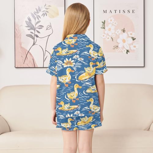 ALAZA Duck Surfboard Blossom Pajamas Satin Pajama Set Short Sleeve Button Down Sleepwear4