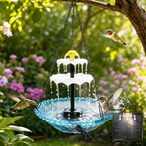 Solar Hanging Bird Bath Fountain 2026 Upgraded Hanging Bird Bath Flowing Water for Outdoors Garden Patio Backyard Lawn Decor