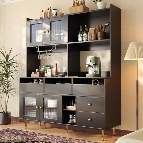 Laxnb Aparador Cocina Aparadores Salon con Almacenaje, 145x39x171cm Aparador Entrada con Cajones y Puertas de Cristal, Armario Alto Cocina Buffet Comoda Vitrina Mueble Auxiliar de Comedor (Negro)