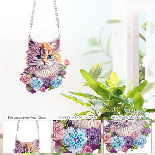 Image of Cat Diamond Painting Hanging Kit, DIY Crystal Acrylic Sun Catcher Diamond Art for Adults, 5D Special Shaped Rhinestone Pendant Ornament for Window Wall Decoration, Handmade Gift for Cat Lovers
