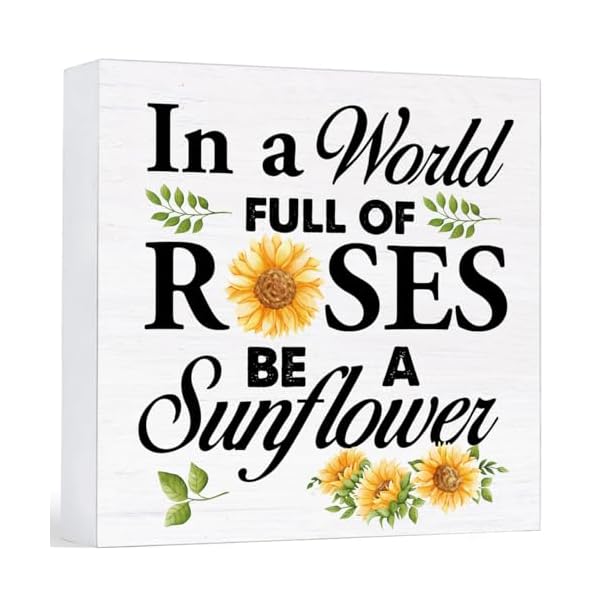 Spring summer decor farmhouse in a world full of roses be a sunflower wood sign country home living room table desk decor 5 x 5 inches  urban country home decor