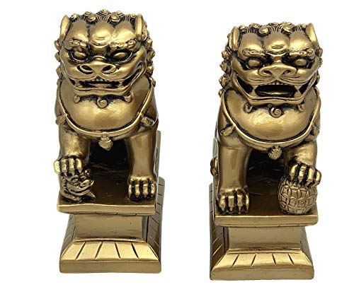 Figura decorativa pareja de perros Foo de resina dorada miniatura 3
