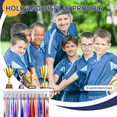 Image of Medal Holder Display Trophy Shelf Organizer, Sturdy Wooden Race Award Hanger Rack with 25 Steel Hooks, Wall Mount Storage Stand for Sports Fans, Cheer Success