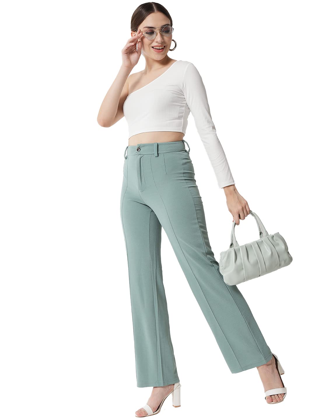 KOTTY Women Polyester Blend Green Solid Trousers(Light Moss Green,34) 3
