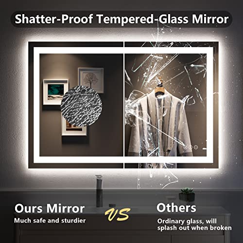 Image of 48x32 Inch LED Bathroom Mirror with Lights Front and Backlit Lighted Vanity Mirror for Bathroom Wall with 3 Colors Dimmable Anti-Fog Memory Shatter-Proof IP54 Waterproof Horizontal /Vertical