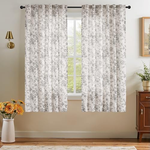jinchan Linen Blend Curtain Floral Curtains for Living Room 63 Inch Length Black Printed Curtain Rod Pocket Back Tab Farmhouse Peony Flower Patterned