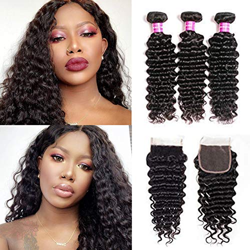 Brazilian Deep Wave Bundles with Closure 10A 100% Unprocessed Virgin Human Hair Deep Wave Bundles with Closure 4x4 Free Part Lace Closure and Bundles Human Hair Extensions Natural Color (10 12 14+10)