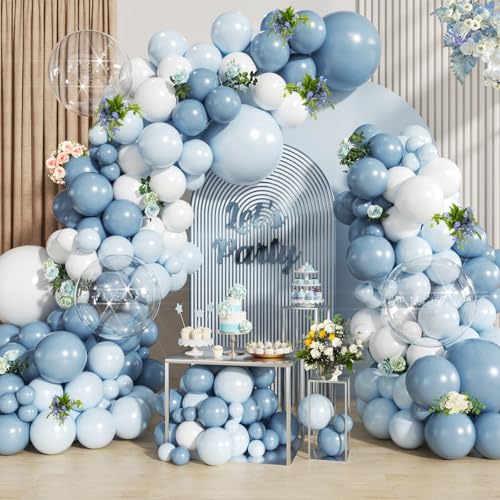 Image of Dusty Blue Balloon Arch Kit Maca Light Blue White Balloon Garland Bobo Balloons for Birthday Wedding Engagements Graduation Baby Shower Anniversary Party Decorations