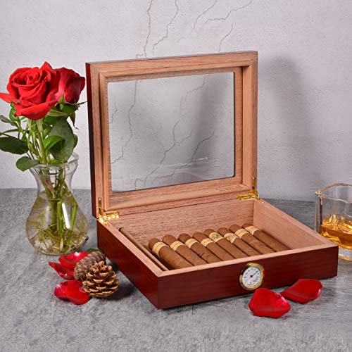 Volenx Desktop Cigar Humidor Case Glasstop Cigar Storage Box, Cherry Finish With Hygrometer And Humidifier Holds 25 Cigars #TOP3