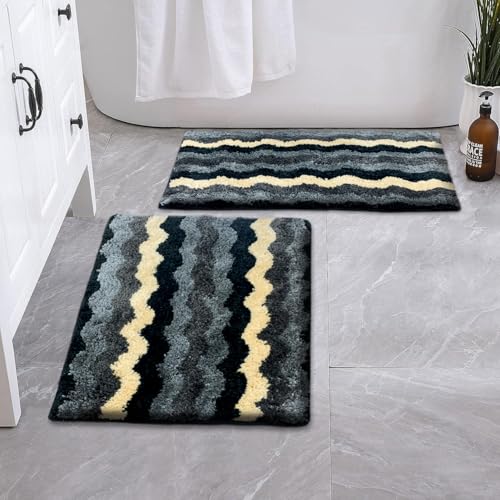 Image of Luxe Home Birmingham Bath Mat Super Soft Microfiber 2200 GSM Bathroom Mats Water Soak Anti-Skid Door Mats for Home Combo, Bedroom, Floor Mat 38x58 cm (Shadow) Pack of 2
