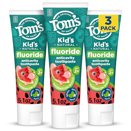 Toms of Maine Natural Kids Fluoride Toothpaste 3 Pack For Kids Ages 2 and Up Great Toddler Toothpastes No Artificial Flavors Dyes or Preservatives Watermelon Wiggle 5.1 oz