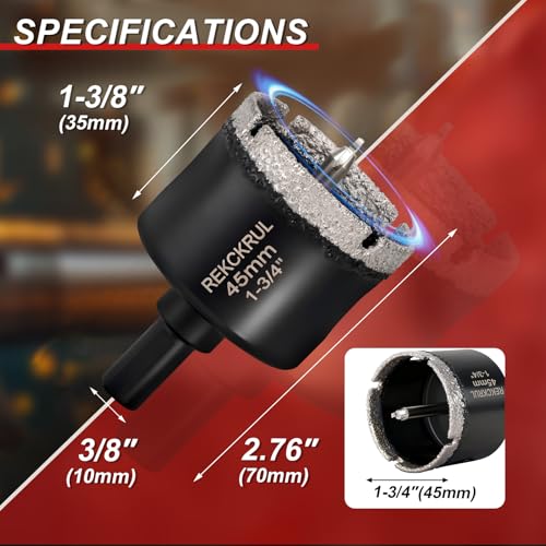 Image of 1-3 /4 Inch Diamond Hole Saw with Pilot Drill Bit 2PCS | Premium Tile Hole Saws Porcelain, Ceramic, Granite, Marble, Glass , 1-3 /8 inch Cutting Depth, Serrated Edge Wet /Dry Use (45mm)