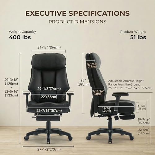 Image of EXCEBET Big and Tall Office Chair 500lbs - 22.4 inch Extra Wide Seat Ergonomic Executive Chair, Heavy Duty High Back Leather Office Chair with Footrest, Lumbar Support & Adjustable Arm (All Black)