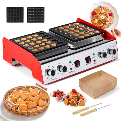 Image of Moongiantgo Detachable 50PCS Mini Heart Pancake Maker for Desserts, Non-Stick 1800W Dutch Poffertjes Baker Stainless Steel, Round&Heart-shaped Hotcakes Machine with 50-300℃ Temp&0-5Time Control, 110V