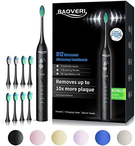 BAOVERI Electric Toothbrush with 8 Brush Heads for Adults&Kids, Sonic Electric Toothbrushes, 5 Modes&3 Intensity Levels, 2 Minutes Smart Timer, 4 Hours Fast Charge for 60 Days (Light Black)