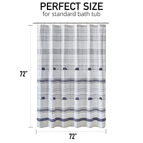 Image of Ink+Ivy Cody 100% Cotton Shower Curtain, Boho Chic Printed Striped with Tassel Pompom, Fringes Trim, Modern Bathroom Decor, Machine Washable 72 inch x 72 inch Grey /Navy