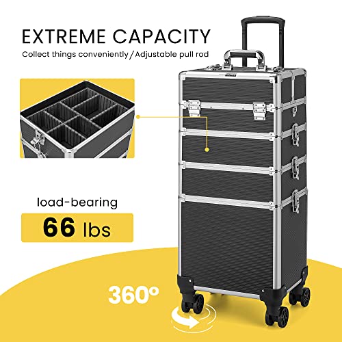 Vivohome 4 In 1 Makeup Rolling Train Case Aluminum Trolley Professional Cosmetic Organizer Box With Shoulder Straps 2 Keys Black(Cosmetic Are Not Included) #TOP2