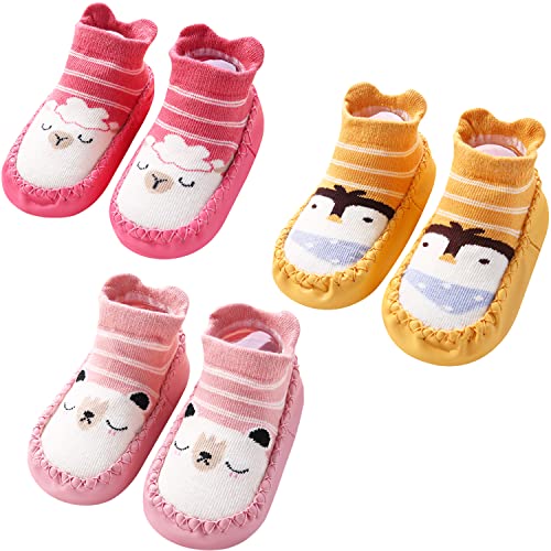 Adorel Baby Hüttenschuhe Baumwolle Rutschfest ABS Socken Stoppersocken 3er-Pack Rot Rosa Gelb 3 Jahre (Herstellergröße 16)