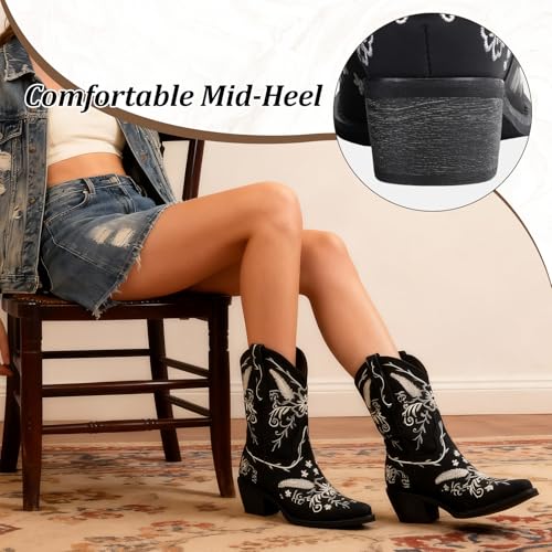 Image of LingxiaUne Cowboy Boots for Women Floral Cowgirl Boots with Pointed Toe and Chunky Heel Mid Calf Western Boot for Concert Festival Country Night Party