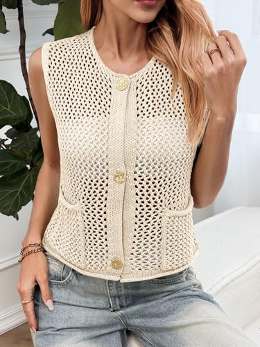 Saodimallsu Womens Crochet Sweater Vest Button Down Sleeveless Crew Neck Boho Knit Crop Tank Tops Summer Cardigans4