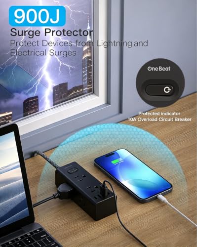 Image of Extension Cord 10Ft, Flat Surge Protector Power Strip 10 Ft Long Cord,Black | One Beat 6 Widely Outlets 4 USB Ports (2 USB C), 10ft Extension Cord Wall Outlet Extender for Home Office College Dorm Room