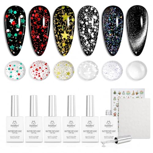 Image of Beetles Glitter Gel Top Coat Set, 6Pcs 10ml Sparkle Glitter Cat Eye Top Coat Gel Nail Polish No Wipe Long Lasting Soak Off U V LED Manicure Salon DIY Gifts for Women
