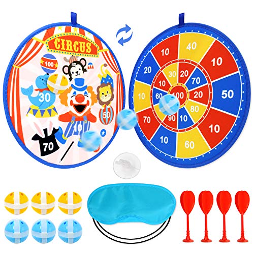 Circus Dart Board for Kids with 6 Sticky Balls and 4 Sticky Dart Double-Sided(13.9 inches),Blindfold Indoor Game ,Carnival Dart Board Set with Hook for Boys Girls Children and Family Time