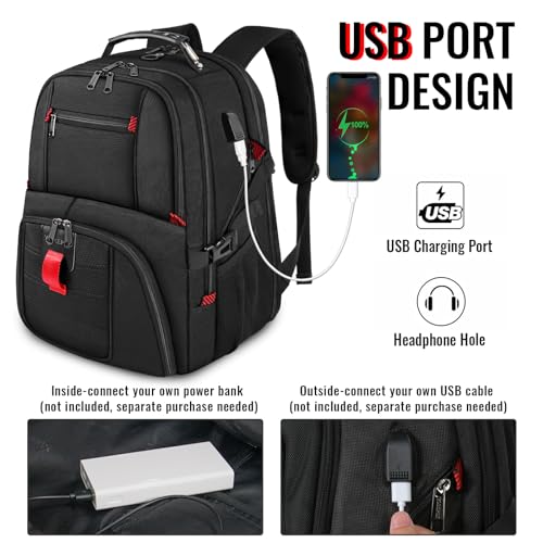 YOREPEK Travel Backpack, Extra Large 50L Laptop Backpacks for Men Women, Water Resistant College Backpacks Airline Approved Business Work Bag with USB Charging Port Fits 17 Inch Computer, Black - Image 4