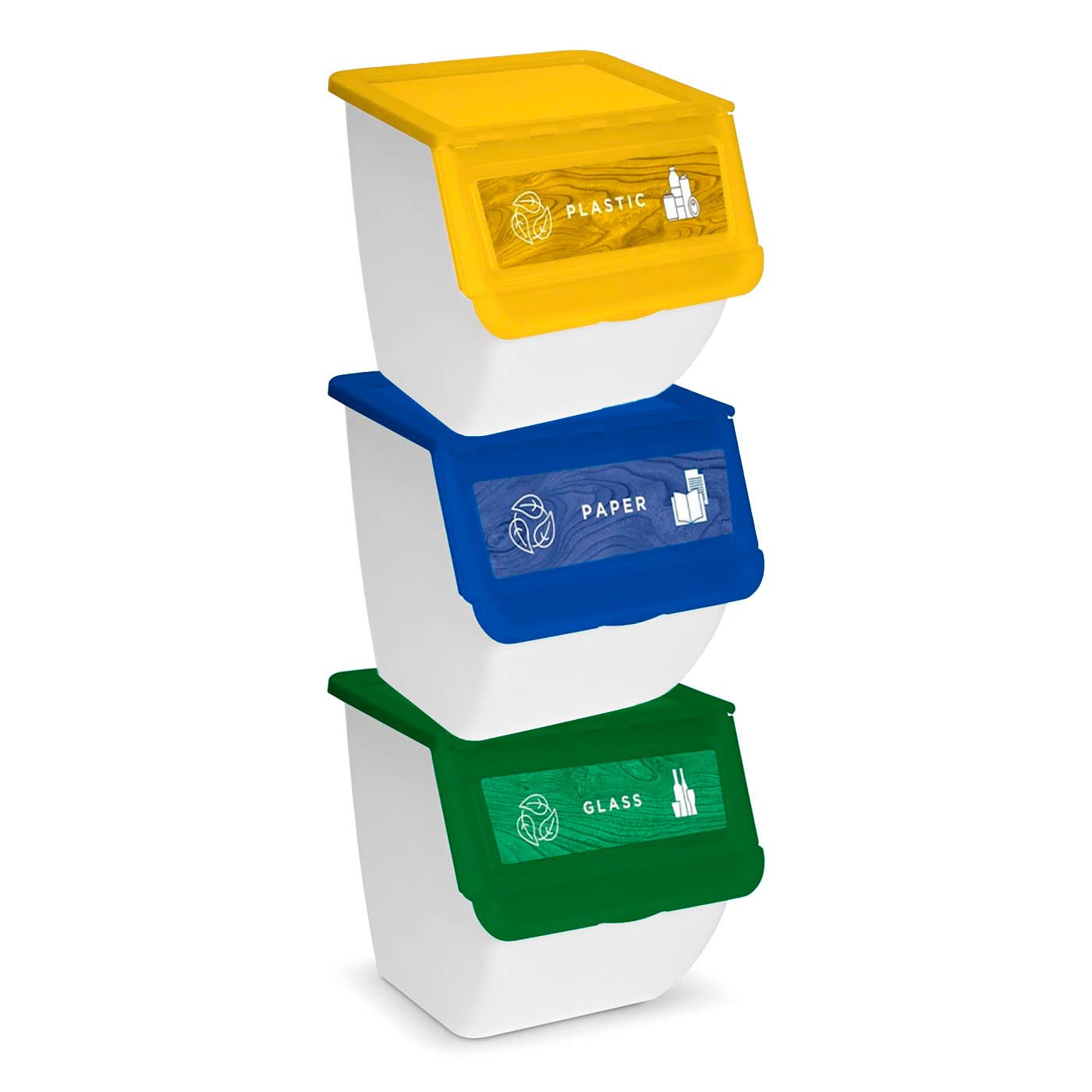 AC - Pack de 3 Contenedores apilables de Polipropileno - Cubo de Reciclaje de Basura, Caja de Almacenamiento de residuos, fácil Apertura – 36 L – Plástico, Vidrio y Papel – 36 x 38,5 x 38 cm