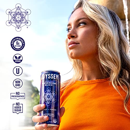 Odyssey Elixir - Sparkling Energy Mushroom Drink - Lions Mane & Cordyceps - Mental Focus & Stress Relief - Mushroom Coffee Alternative - Organic Caffeine - Adaptogens - Blackberry Lemon Twist - 12 Pk #TOP7