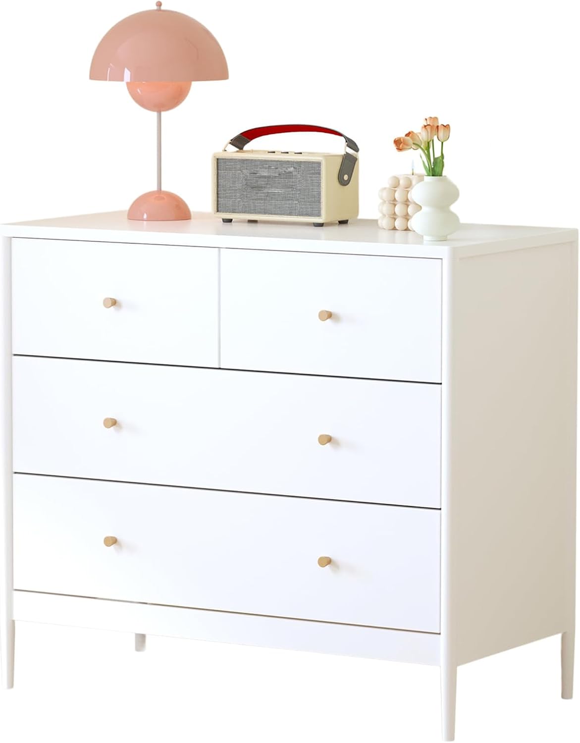 Baby Dresser with 4 Drawers, Nursery Dresser Storage Cabinet with Anti-Tip Design, Modern White Wooden Chest of Drawers for Kids Bedroom & Nursery