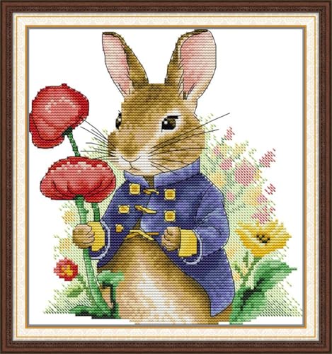 Image of Meecaa Cross Stitch Kits 14 Count Stamped, Flower Rabbit Poppy Animal Embroidery Kit with Accessories Pre Printed（26×27CM (Flower)