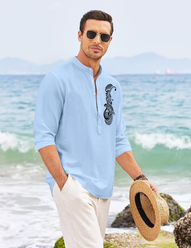 Image of FINIVO FASHION Men's Printed Cotton Blend Short Kurta with Artistic Chest Design | Stylish Full Sleeve Casual Kurta with Mandarin Collar for Daily, Travel Soft Textured