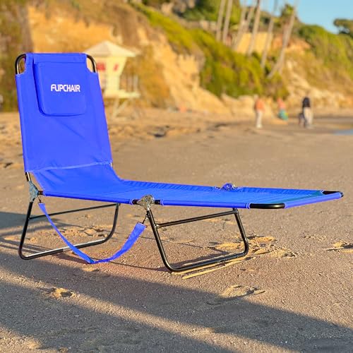 Tanning Chair Chaise Lounge 2 Legs Support Polyester Material Reclining Backrest Head Rest Pillow Great For Beach, Home, Backyard, Outdoor, Patio, Pool, Camping, Lawn or Deck Color BLUE