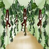 Suncalla 90 Pcs Jungle Theme Decoration Tropical Rainforest Safari Party Decor 4 Hanging Monkey Stuffed 14.4 ft Pothos Vines 20ft Artificial Rattan 60 Palm Leaf Set for Birthday Classroom Party (20ft)