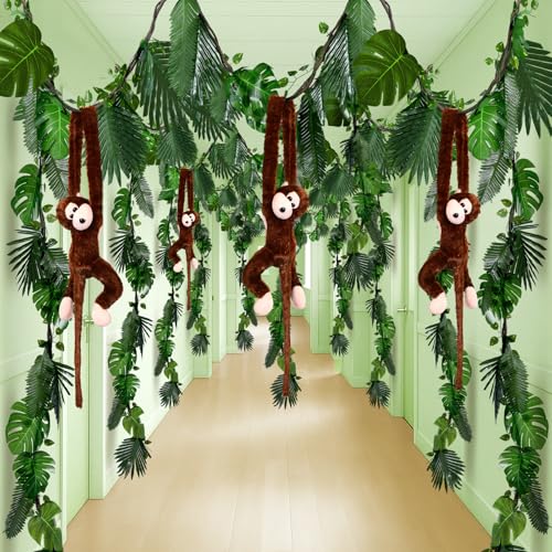 Suncalla 90 Pcs Jungle Theme Party Decoration Back to School Classroom Rainforest Safari Decor 4 Hanging Monkey Stuffed 14.4 ft Vines 20ft Artificial Rattan 60 Palm Leaf for Classroom Decor (20ft)