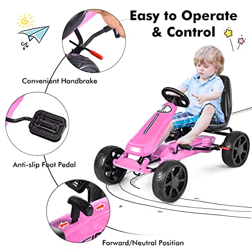 Costzon Kids Go Kart, 4 Wheel Powered Ride On Toy, Kids' Pedal Cars For Outdoor, Racer Pedal Car With Clutch, Brake, Eva Rubber Tires, Adjustable Seat (Pink Go Kart) #TOP2