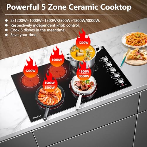 AMZCHEF Electric Cooktop 36 Inch,5 Burners Built-in Electric Stove Top,Max 8900W Ceramic Glass Countertop with Knob Control Max 3000W Double Zone,Safety Lock by AMZCHEF - Image 4