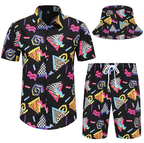 Spanoous Men's 2 Piece Tracksuits Rave Outfit 80s 90s Shirt and Shorts Sets with Bucket Hats 10-XL